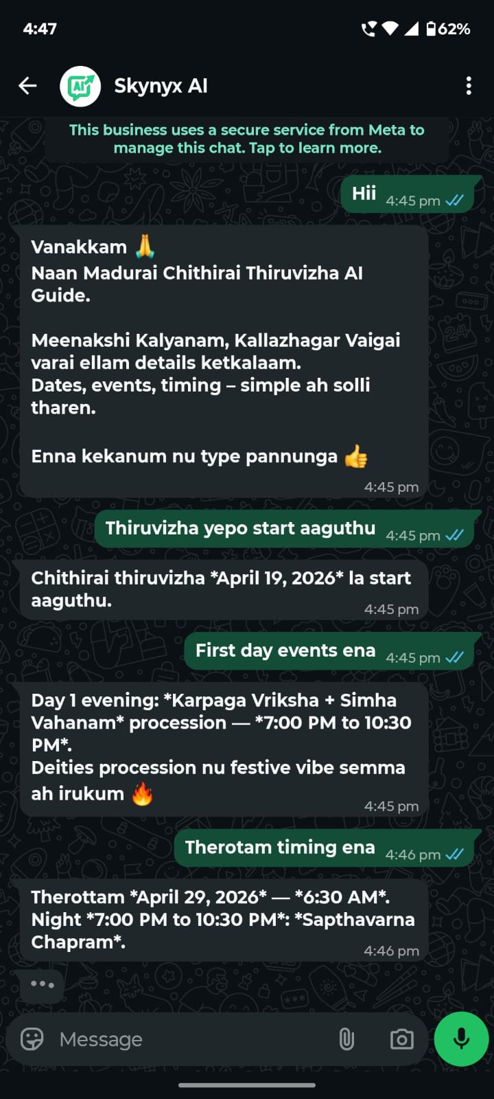 Chithirai Thiruvizha AI Guide WhatsApp chat screenshot 1