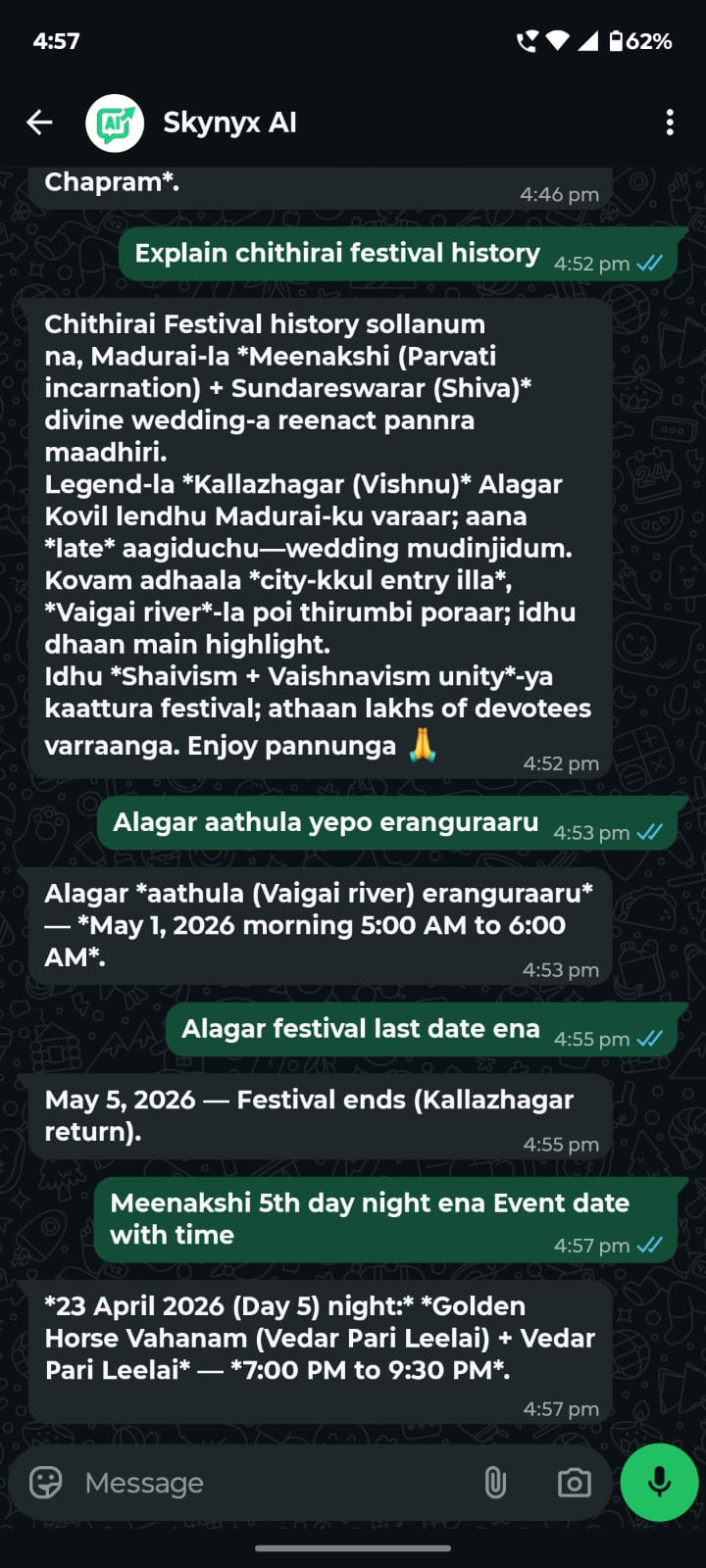 Chithirai Thiruvizha AI Guide WhatsApp chat screenshot 2