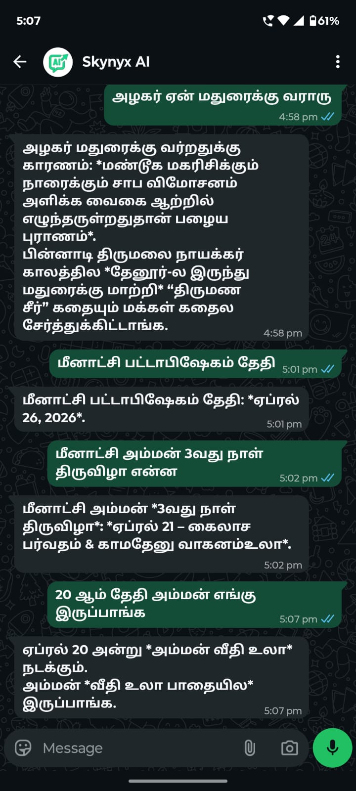 Chithirai Thiruvizha AI Guide WhatsApp chat screenshot 3